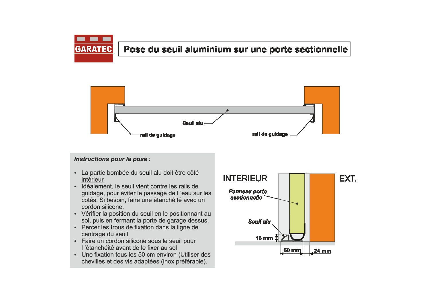 Seuil de Porte de Garage en alu - 3500 mm - Anodisé + joint